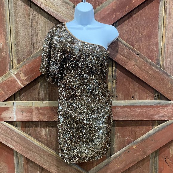 Deb Dresses & Skirts - Brown Sequined Mini Dress One Shoulder Size 7 Medium Stretch Short Sleeve